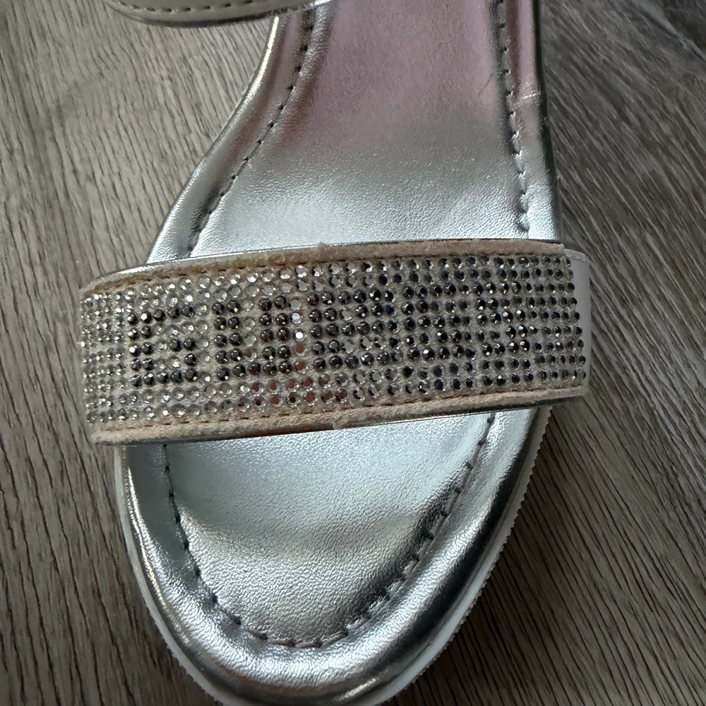 GUESS Silver Metallic Slide Sandals with Rhinestone Strap - Picture 4 of 6